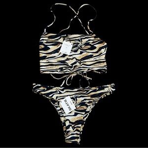 Skatie Bikini Set L Dylan Bottom High Cut Bandeau Knot Top Animal Print